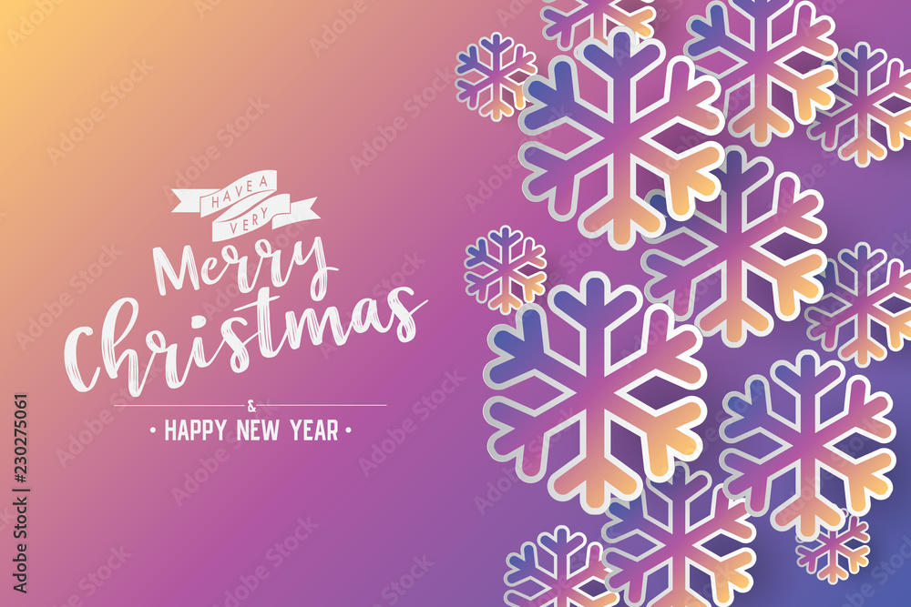 Poster colours paper cut of vector snowflake on gradient colours ornate background with merry christmas pha