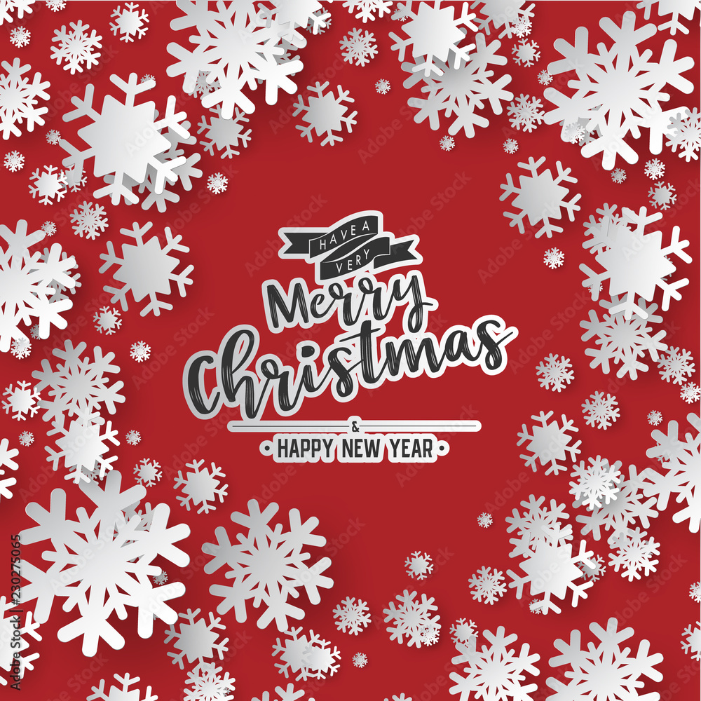 Poster Colours paper cut of vector snowflake on gradient colours ornate background with merry christmas phase text