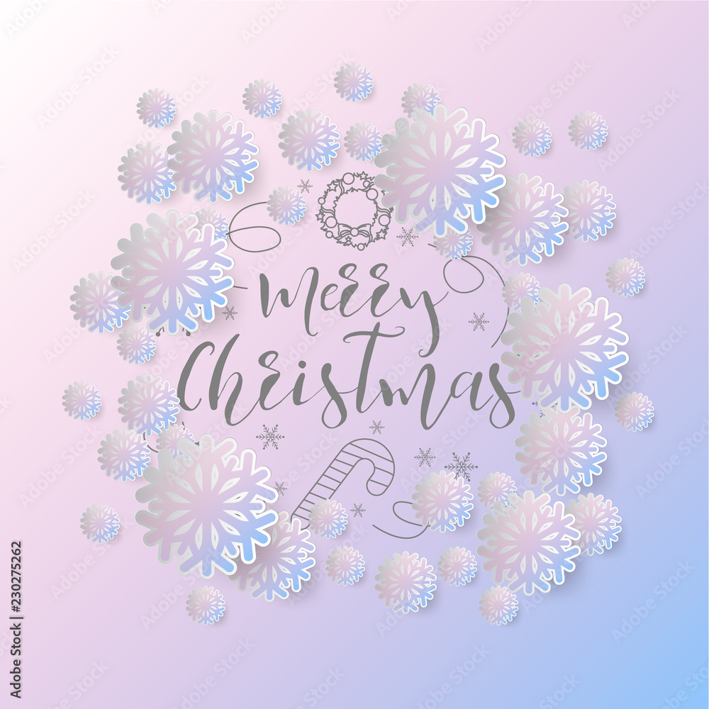 Poster Colours paper cut of vector snowflake on gradient colours ornate background with merry christmas phase text