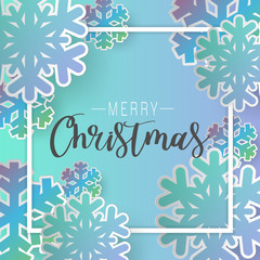 Colours paper cut of vector snowflake on gradient colours ornate background with merry christmas phase text