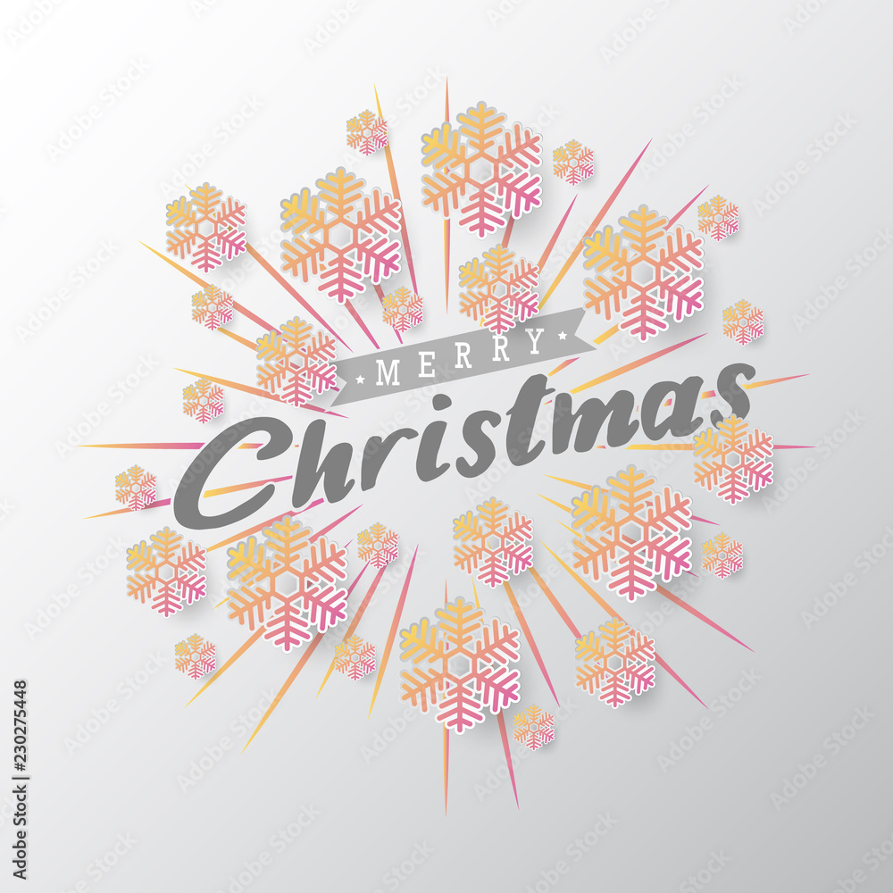 Poster colours paper cut of vector snowflake on gradient colours ornate background with merry christmas pha