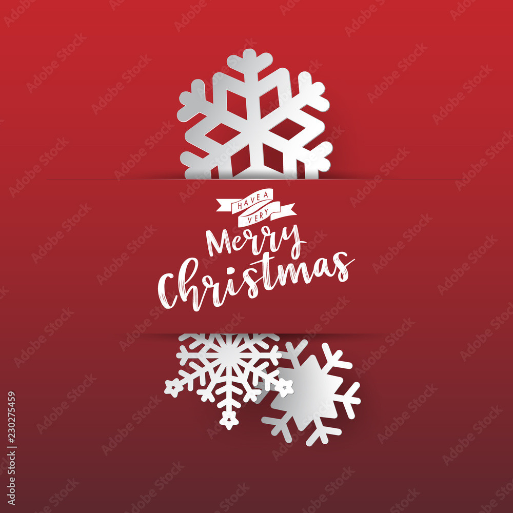 Poster Colours paper cut of vector snowflake on gradient colours ornate background with merry christmas phase text
