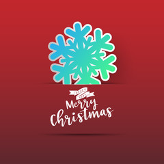 Colours paper cut of vector snowflake on gradient colours ornate background with merry christmas phase text