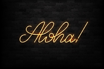 Vector realistic isolated neon sign of Aloha logo typography for decoration and covering on the wall background. Concept of greeting and Hawaii culture.