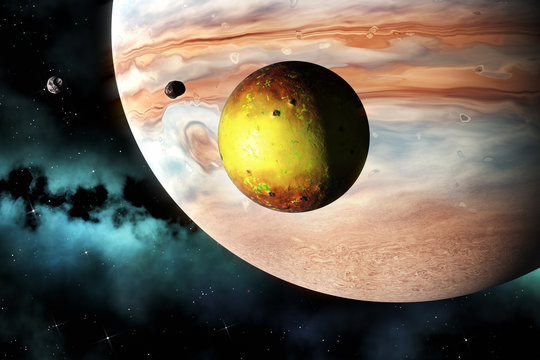 gas giant planet and volcanic moon (like Jupiter and Io), 3d render
