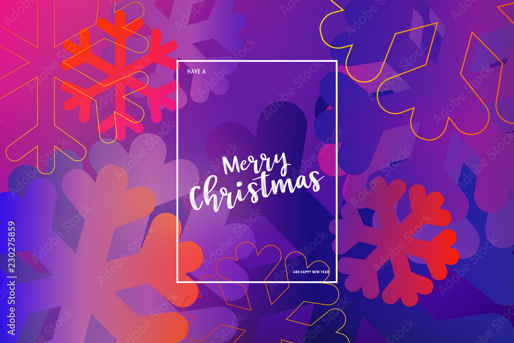 Poster Modern style snowflake on gradient colours ornate background with merry christmas phase text