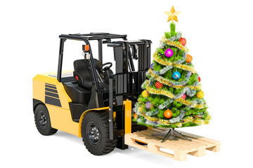 Forklift truck with Christmas tree. Gift delivery concept, 3D rendering © alexlmx