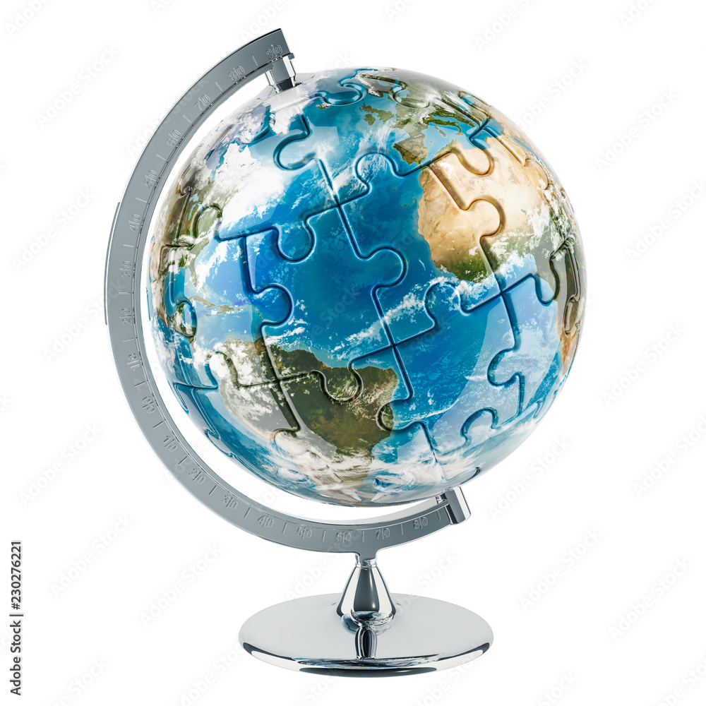 Poster geographical globe of earth from puzzle. 3d rendering