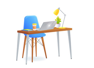 Fototapeta premium Office chair with table and laptop and a coffee cup beside books and lamp and pretty plant. Modern furniture for workplace