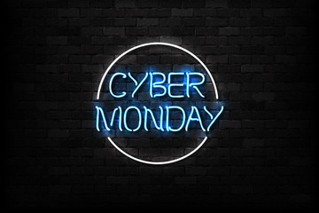 Vector realistic isolated neon sign of Cyber Monday logo for decoration and covering on the wall background. Concept of electronics market, sale and discount.