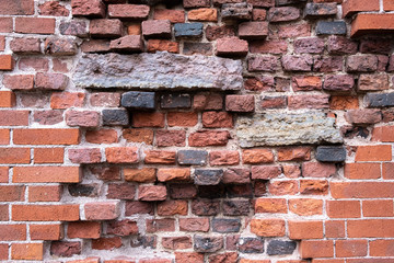 Textured background of old ruined brick wall with concrete plates inside