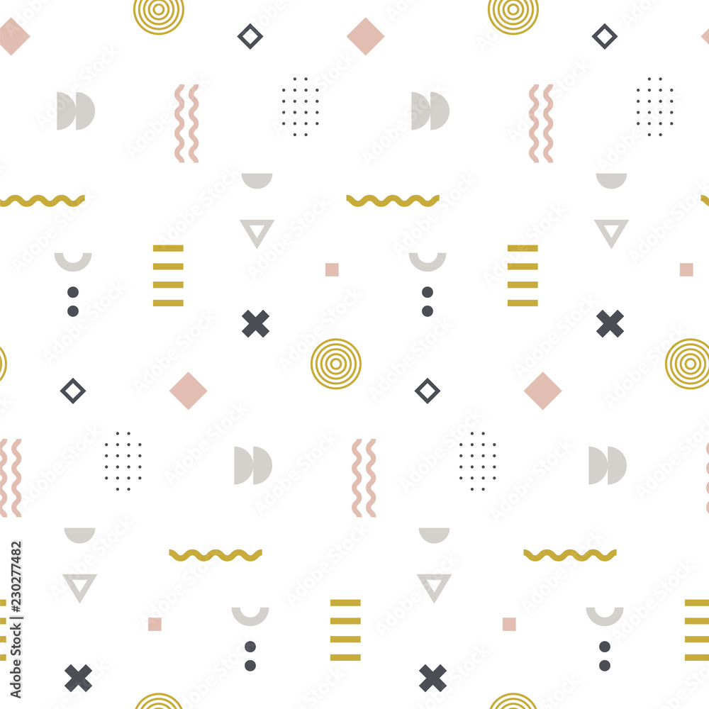 Poster memphis seamless pattern in pastel color. repetitive print with different geometric shapes. vector w