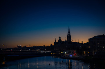 Silhouette of Stockholm cityscape skyline at sunset, dusk, Sweden