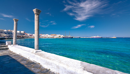 Mykonos port with boats and windmills, Cyclades islands, Greece