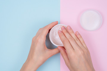 Clean clear finger natural nourishing fingernail concept. Above top overhead high angle flatlay flat lay close up view photo of beautiful flawless hands open unpack unwrap isolated pastel background
