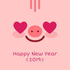 Happy New Year 2019 zodiac pig sign character face on pink background,greeting card banner concept.Adorable charming smiling mascot piglet with love heart eyes,wish postcard