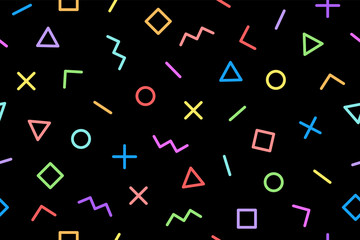 Patroon. Naadloze memphis geometrische grafische patroon 80s-90s stijlen op donkere zwarte achtergrond. Kleurrijk patroon met verschillende vormenvoorwerpen. Inpakpapier, achtergrond, behang. vectorillustratie