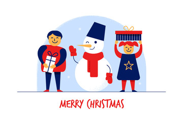 Flat cartoon boy,girl,Snowman characters,Merry Christmas New Year greeting card banner concept.Happy smiling flat kids with gift boxes,popular winter mascot,celebration postcard