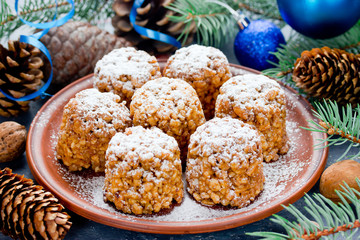 Christmas cakes, pine shaped sweet cookies for christmas and new year holidays
