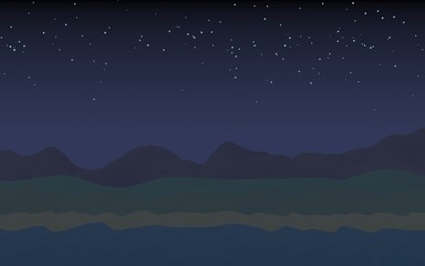 Starry moonless sky. Ocean shore line with waves on a beach. Island beach paradise with waves. Vacation, summer, relaxation. Seascape, seashore. Minimalist landscape, primitivism. 3D illustration