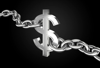 Steel sign dollar in chains on a black background. Concept of dollar containment. 3D rendered illustration