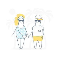 Cool couple, Man and Woman resting on the beach. Summer rest. Sea vacation. Cute funny characters on isolated background