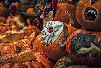 Self-carved pumpkins on the street as decoration for Halloween in Germany
