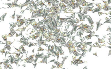 Flying dollars banknotes isolated on a white background. Money is flying in the air. 100 US banknotes new sample. 3D illustration