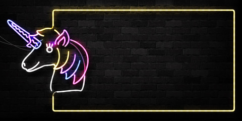 Vector realistic isolated neon sign of Unicorn frame logo for decoration and covering on the wall background.