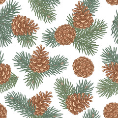 Hand draw engraving of a pine cone with cedar branches in a seamless pattern.