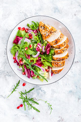 Grilled chicken breast, fillet and fresh vegetable leafy salad with arugula and pomegranate on plate