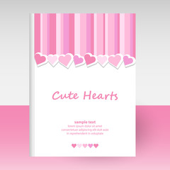 vector cover of diary or notebook hardcover - format A4 layout brochure concept - cute pink striped pattern with lovely valentine hearts