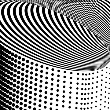 Abstract black and white backround with stripes and dots. Geometric pattern with visual distortion effect. Optical illusion. Op art.