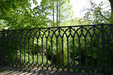 Metallzaun im Park bei Sonnenschein, Metal fence in the park in sunshine