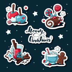Doodle christmas stickers set. Merry christmas lettering. Hand drawn images of caramel apple, mulled wine, сhristmas log, gingerbread man, cinnamon, stars, cocoa, сhristmas cookies .