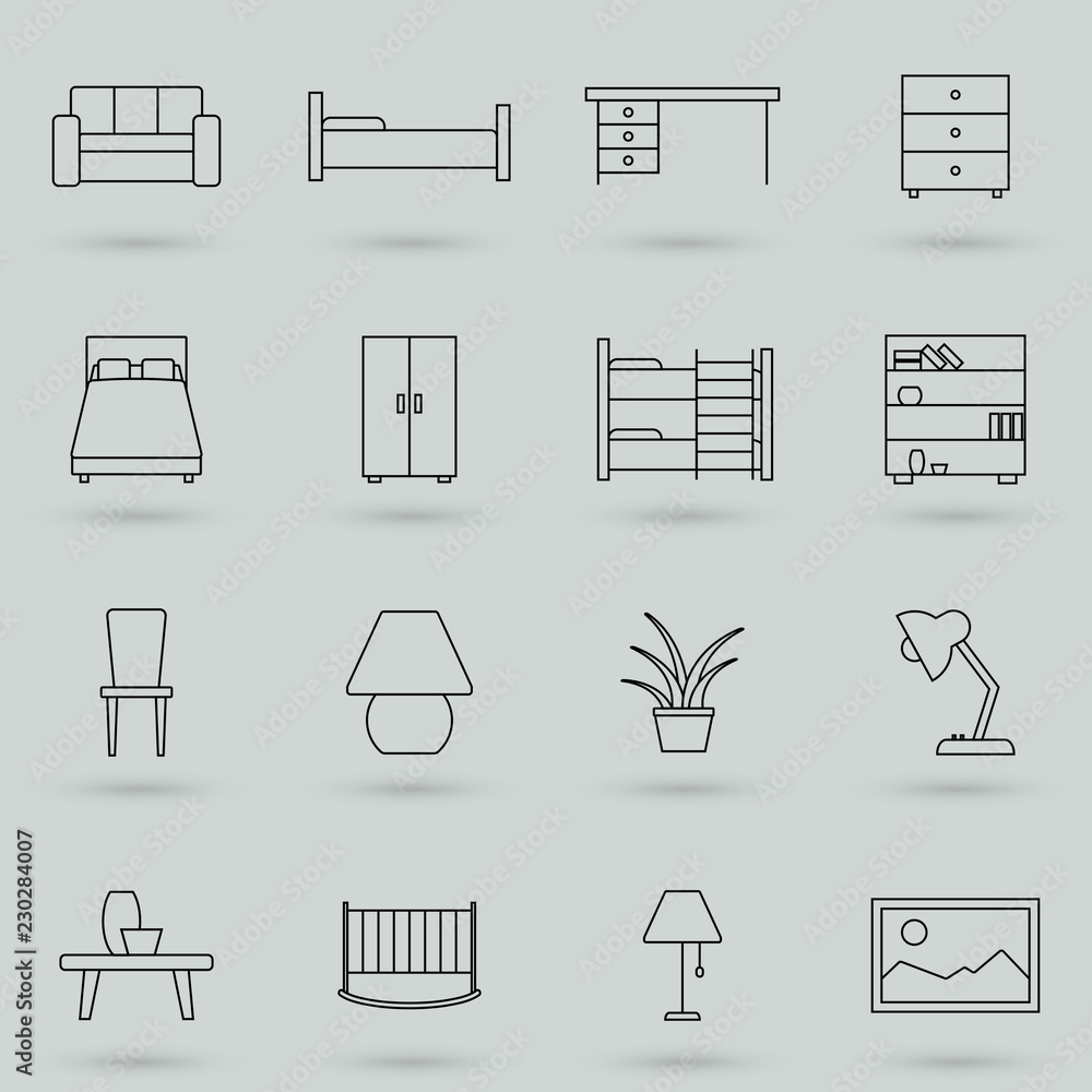 Poster furniture related vector icon set. well-crafted sign in thin line style with editable stroke. vector