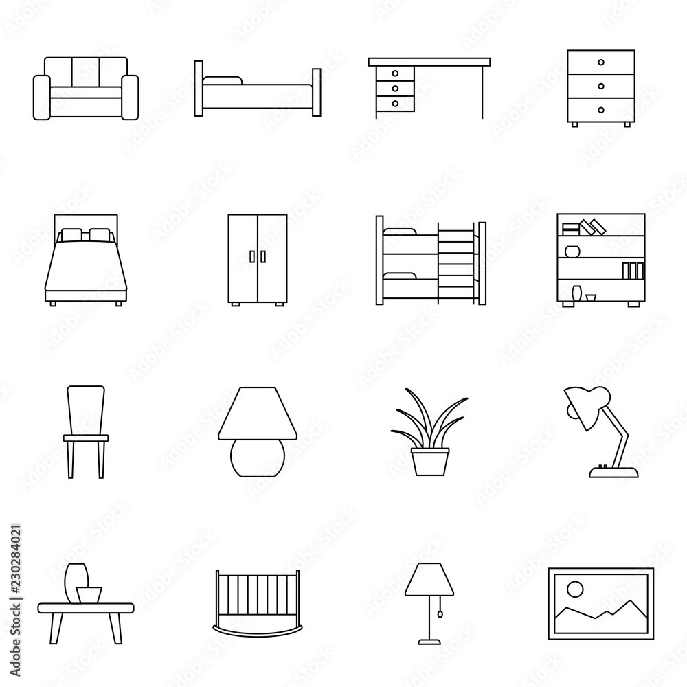Poster furniture related vector icon set. well-crafted sign in thin line style with editable stroke. vector