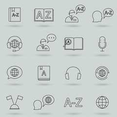 Translator, Dictionary, vocabulary book icon set in thin line style. Vector symbols isolated on a white background. Simple pictograms.