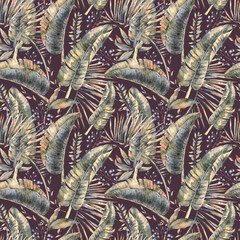 Exotic natural vintage watercolor seamless pattern of banana lea
