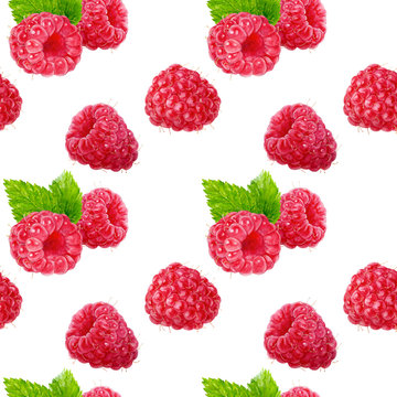 Raspberry seamless pattern watercolor illustration isolated on white.