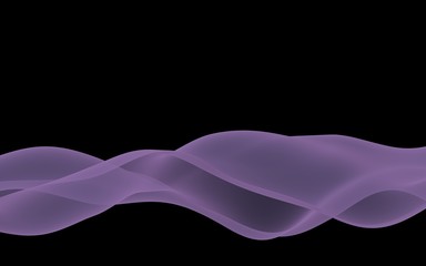 Abstract purple wave. Bright purple ribbon on black background. Purple scarf. Abstract smoke. Raster air background. 3D illustration