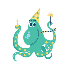 Happy birthday celebrating Octopus with sparklers, cap, cake with candle and party horn. Isolated Vector illustration on white background