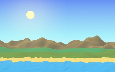 Sun Sea Beach. Noon. Ocean shore line with waves on a beach. Island beach paradise with waves. Vacation, summer, relaxation. Seascape, seashore. Minimalist landscape, primitivism. 3D illustration