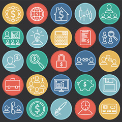 Thin line Business and finance set on color circles flat background icon