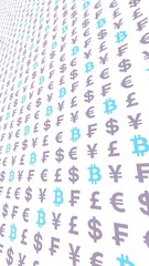 Bitcoin and currency on a white background. Digital Cryptocurrency symbol. Business concept. Market Display. 3D illustration