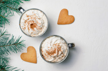 Hot Drink with Whipped Cream and Heart Shaped Cookies, Romantic Winter Concept