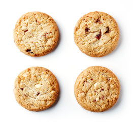 Fresh chocolate chip cookies isolated on white, from above