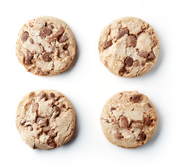 Fresh chocolate chip cookies isolated on white, from above