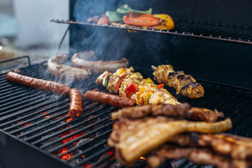 Barbecue grill party. Tasty grilled meat and vegetables