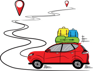 Red Car with Backpacks. Red Marker for the Map. Icon. Sketch. Symbol. Sign. Stock Vector Illustration. Transparent. White Isolated.